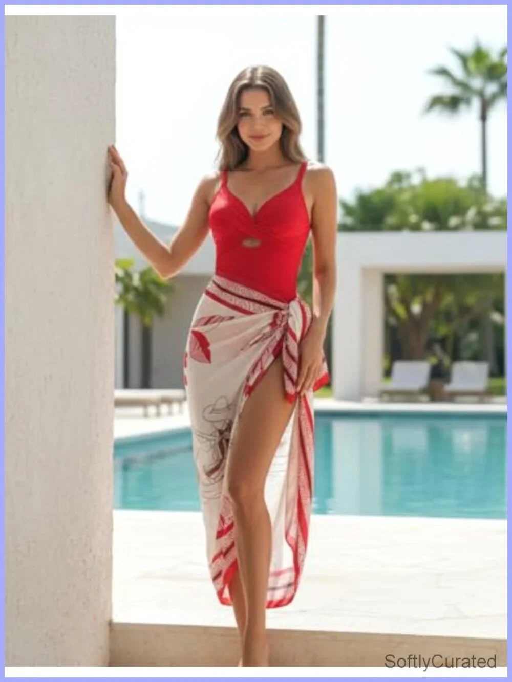 One Piece Swimsuit Wrap Skirt Set Tummy Control V-Neck Adjustable Straps Beach